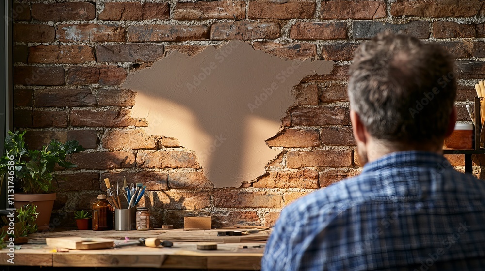 Fototapeta premium A male artist reflecting on a blank section of a brick wall in a warm, rustic studio.