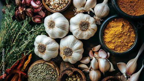 Various spices and herbs arranged with garlic and ingredients from a kitchen setting for culinary preparation