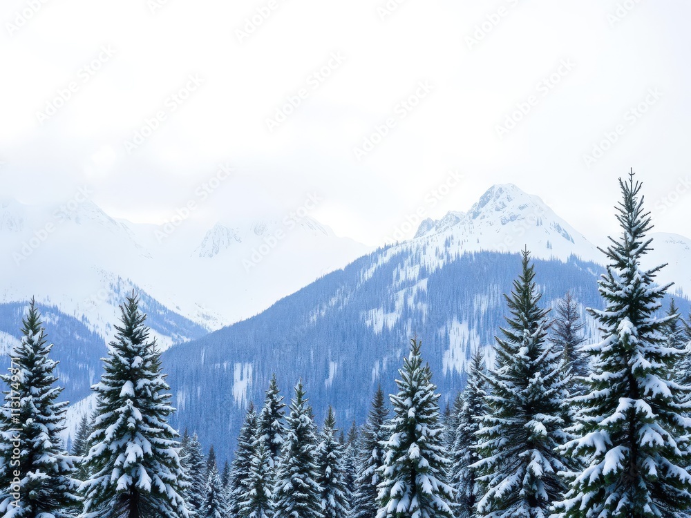 Fototapeta premium Snowboarding background featuring snow-covered mountain peaks and pine trees, nature