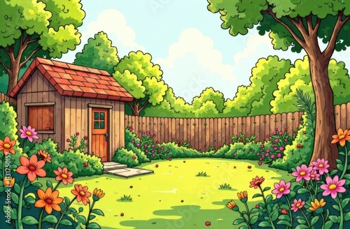 lower garden, children's drawing in cartoon style, thick lines