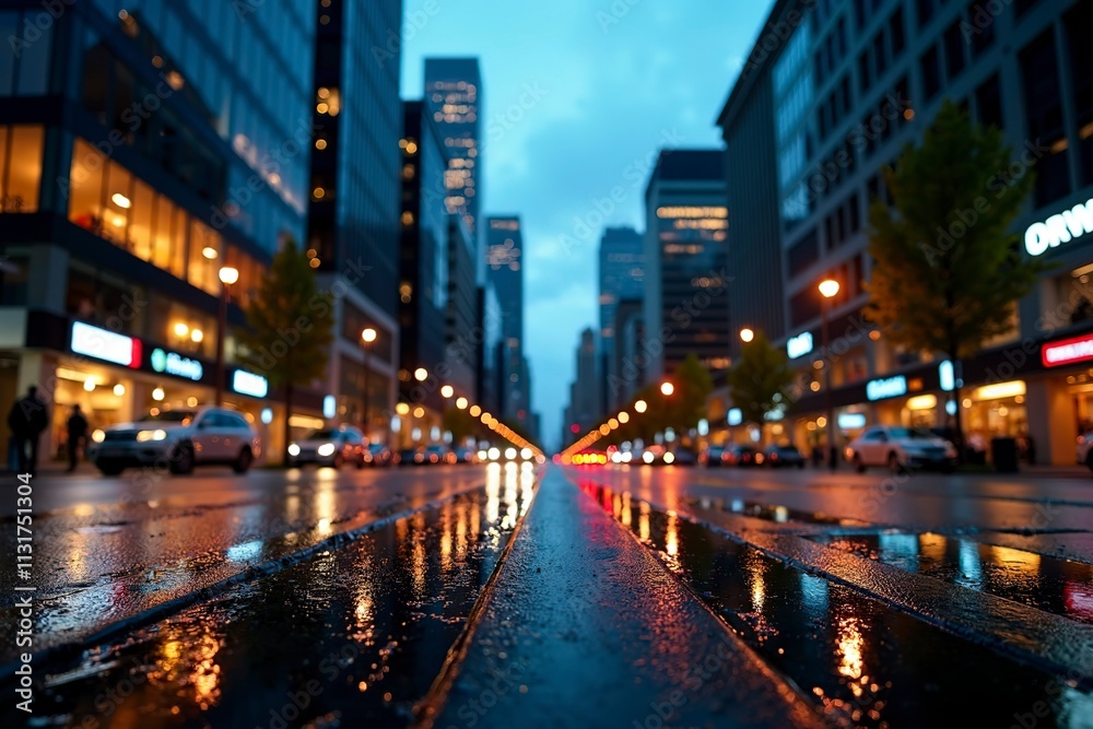 Obraz premium Bustling Business District at Dusk with Illuminated Office Buildings and Reflections on Wet Pavement