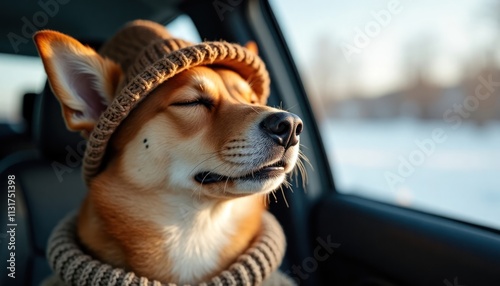 Dog wearing hat, cozy sweater enjoys car trip. Winter adventure peaceful. Dog relaxes in car seat. Scenic winter landscape outside. Cozy, comfortable pet. Adorable pet in warm clothing. Pet enjoying photo