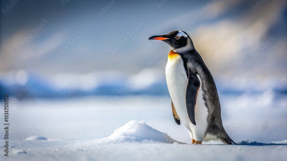 Fototapeta premium Penguin standing alone in a field of snow with its feathers ruffled by the wind, adventurous, animal, beak, birds, cold