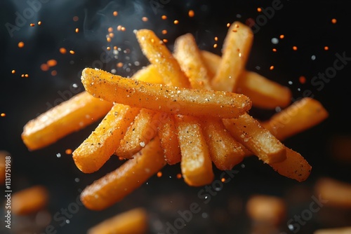 flying french fries captured midair against a dramatic black background with a sense of motion that embodies playful indulgence and fastfood culture