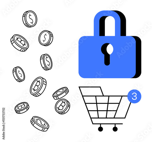 Falling currency coins alongside a blue padlock and shopping cart with three items notification. Ideal for e-commerce security, digital payments, online shopping, blockchain, cryptocurrency, secure