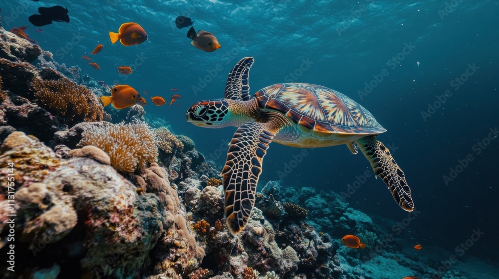 Fototapeta premium Underwater wildlife featuring colorful reef fish, sea turtles, and intricate coral formations