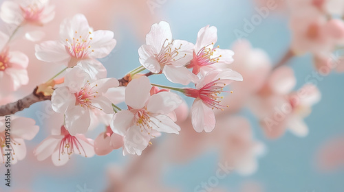 sakura flowers of pink color on sunny backdrop