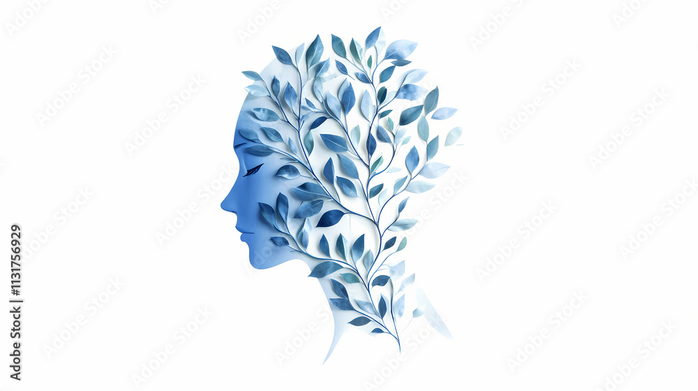 Fototapeta premium Dementia concept. illustration of blue head shaped plant losing leaves on white background isolated with white highlights, png. Oblivious. Illustration