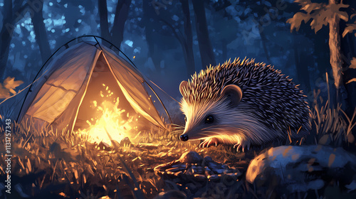 Hedgehog snuffling in the bushes near the tents, foraging for food as it scurries through the undergrowth, oblivious to the campfire glow. Oblivious. Illustration photo