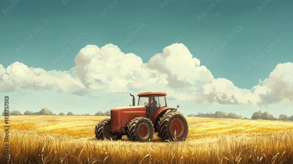 Obraz premium Red tractor in a golden field under a blue sky