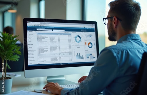 Procurement officer assesses supplier bids on modern tech procurement software. Person reviews contracts on computer screen. Data analysis in progress in contemporary office. Image shows business photo