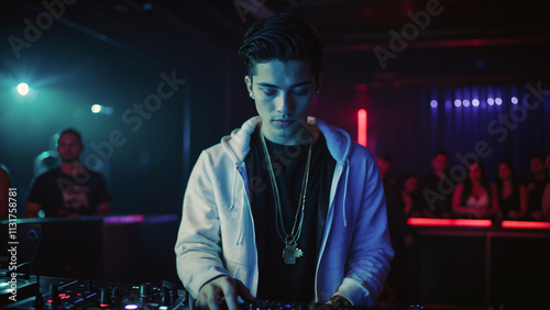  A handsome boy who DJs in a nightclub.  photo