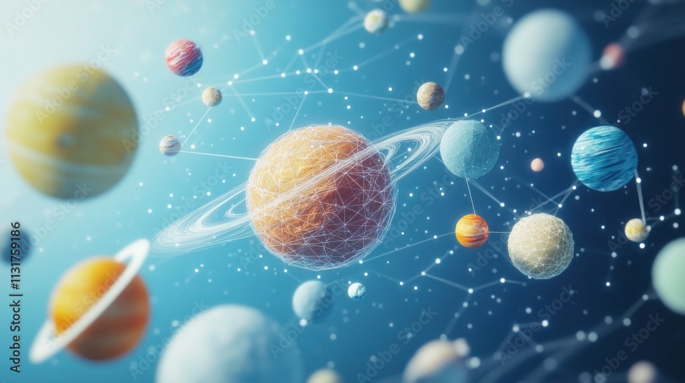 Naklejka premium Connected planets in a vibrant solar system.