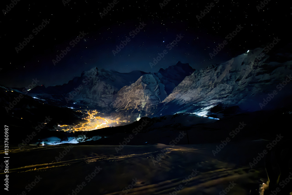 Panoramic view of illuminated Grindelwald at night seen from Maennlichen in winter against sky full of stars