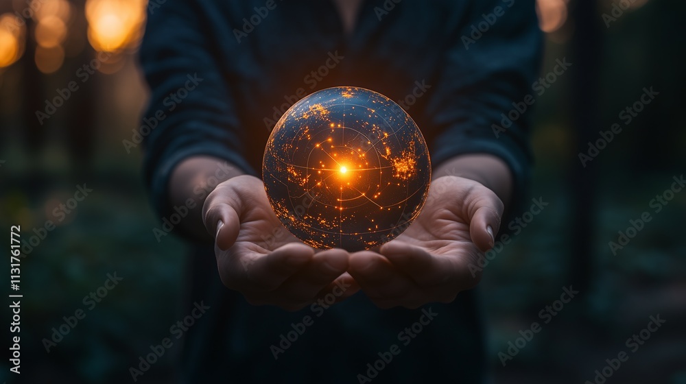 Fototapeta premium Hands gently cradling a glowing digital earth globe