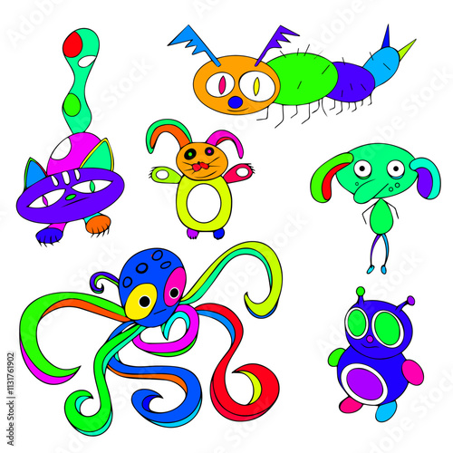 Five fabulous colorful animals on a white background