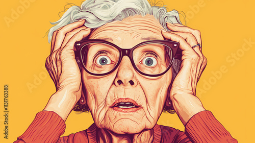 A senior woman's face contorts in confusion, her eyes pleading for clarity as she cradles her head in her hands, searching for answers. Oblivious. Illustration photo