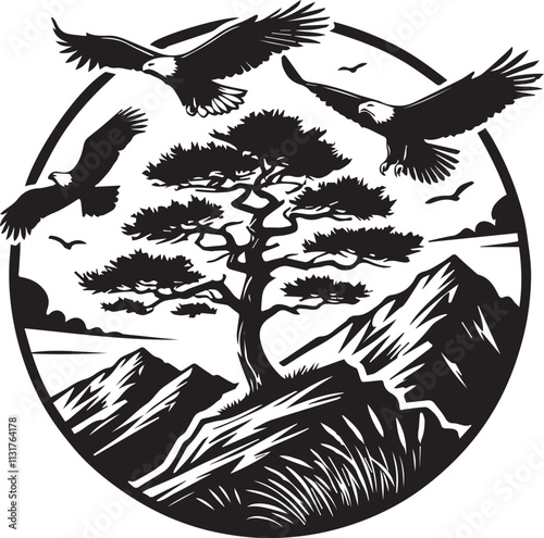 A solitary pine tree on a mountain peak with eagles soaring in the sky vector silhouette