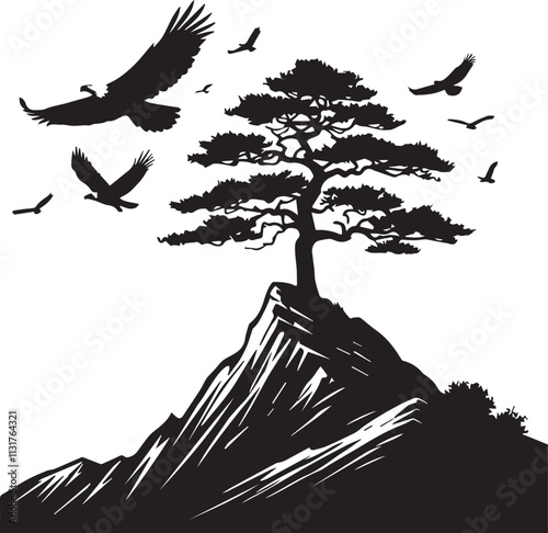 A solitary pine tree on a mountain peak with eagles soaring in the sky vector silhouette