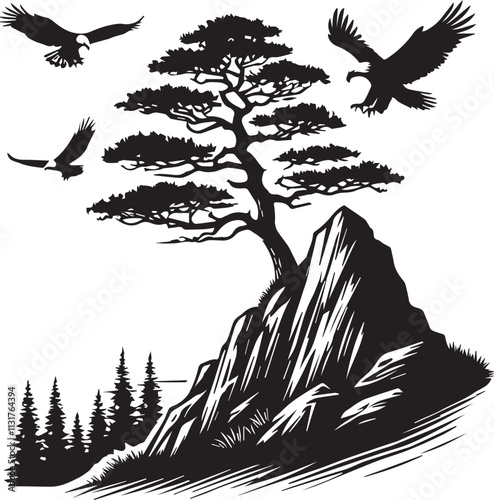 A solitary pine tree on a mountain peak with eagles soaring in the sky vector silhouette