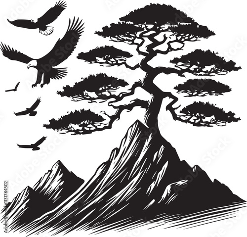 A solitary pine tree on a mountain peak with eagles soaring in the sky vector silhouette