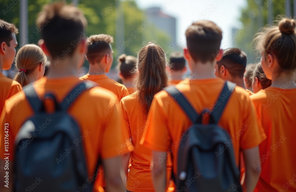 Fototapeta premium Large group of people stand close together. All wear orange shirts and backpacks. They appear focused on something outside the image frame. Likely outdoors in urban area.