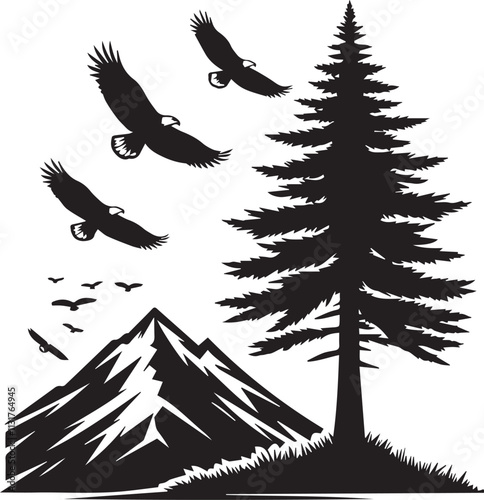 A solitary pine tree on a mountain peak with eagles soaring in the sky vector silhouette