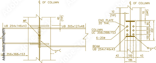 Vector sketch illustration, silhouette design, detailed drawing of Steel Fabrication connection construction