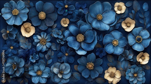 Blue Blossom Harmony, captivating floral artistry, serene petals in shades of blue and gold on dark background.