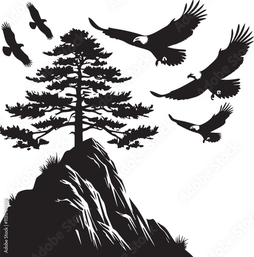 A solitary pine tree on a mountain peak with eagles soaring in the sky vector silhouette
