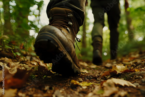 Exploring a lush forest trail with sturdy boots worn by an adventurer, surrounded by vibrant greenery and fallen leaves underfoot in the heart of nature's beauty