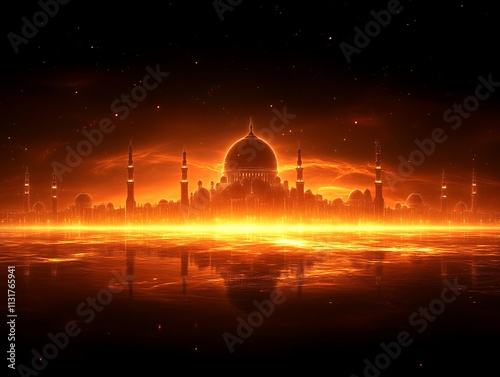 Fiery Cityscape Illuminated Mosque at Night photo