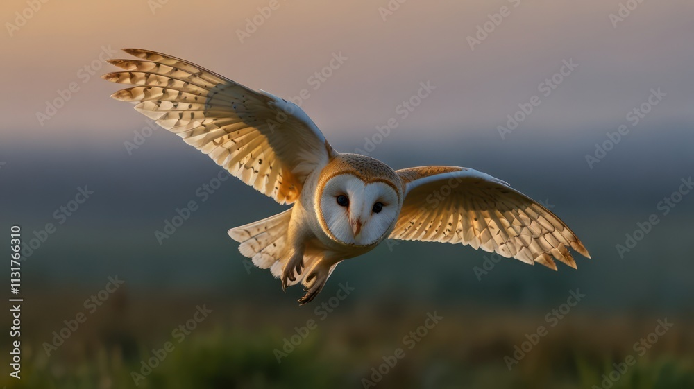 Fototapeta premium Barn owl in flight at sunrise.