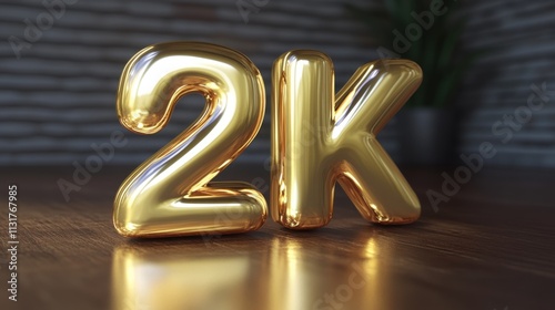 Celebrating 2000 Followers Milestone Golden Balloons on Wooden Surface photo