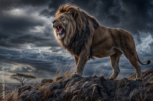 A powerful lion roars dramatically on a rocky hill under stormy skies, showcasing its dominance in the wild.. photo