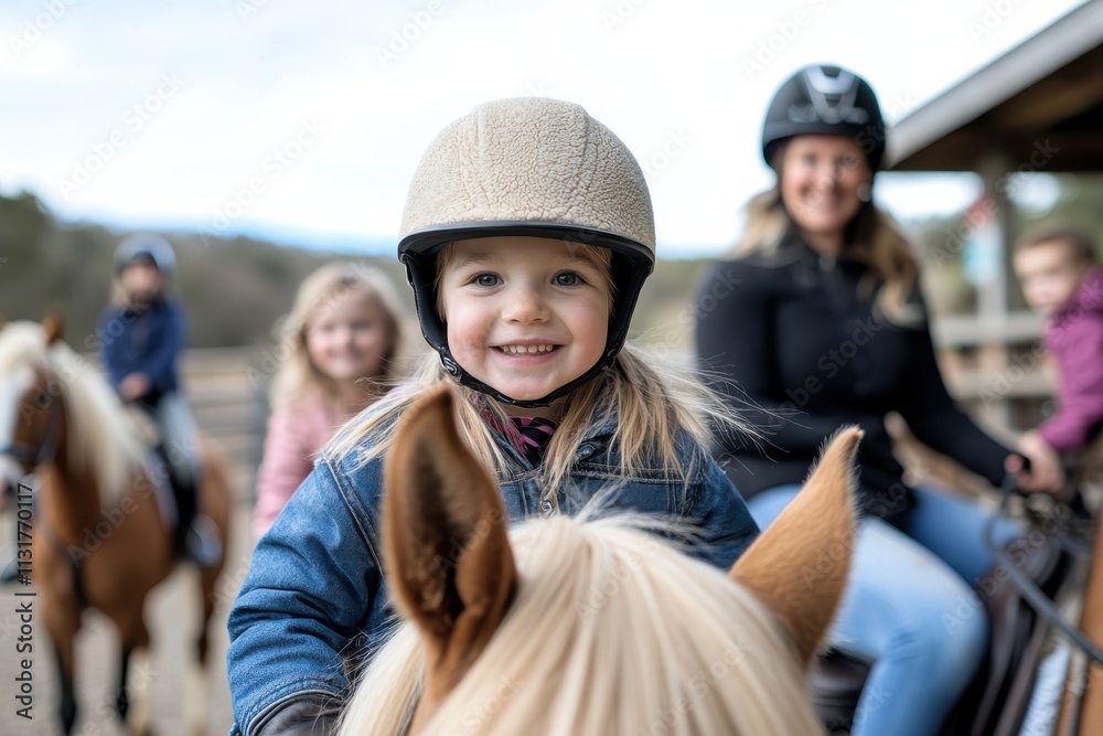 Fototapeta premium A smiling young girl with shiny hair rides a pony, surrounded by friends, showcasing the joy of childhood and camaraderie in a cheerful atmosphere at a horse stable.