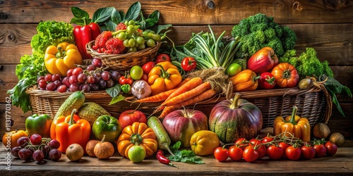A bountiful harvest of fresh produce, displayed on a rustic wooden table, showcasing the vibrant colors and textures of nature's bounty.
