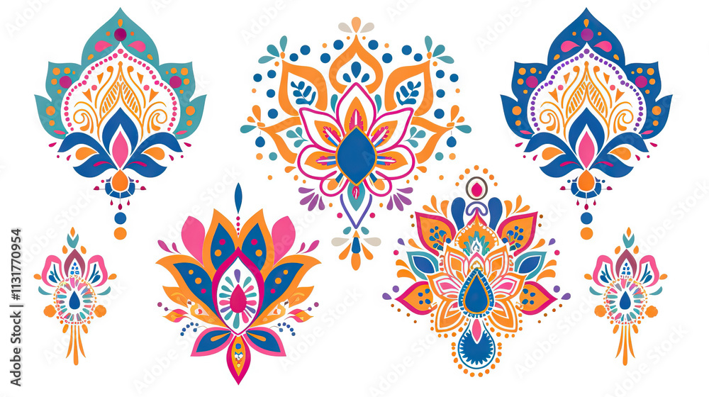 Fototapeta premium Collection of Eight Multicolored Floral Paisley Designs