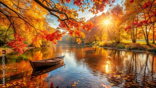 A lone wooden boat resting on tranquil water, framed by vibrant fall foliage, bathed in the warm glow of the setting sun.