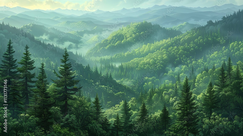 Fototapeta premium Misty Mountain Forest Panorama: Verdant Peaks and Rolling Hills