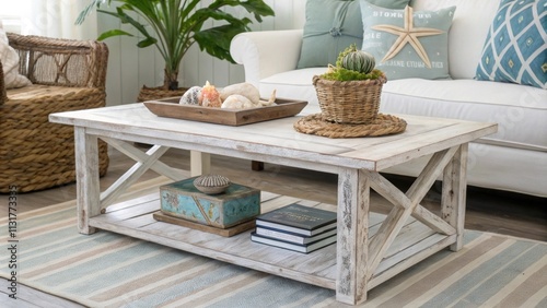 A whitewashed coffee table with a driftwood finish anchors the seating area offering a perfect spot for decorative shells a stack of beachthemed books and a vibrant potted plant photo