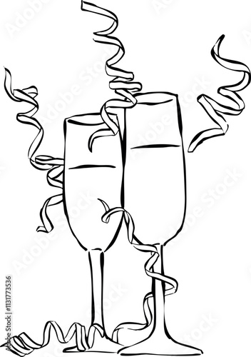 Ilustración vectorial de copas y confeti. Boceto de celebración. Dibujo a mano para diseño de invitaciones, tarjetas y redes sociales