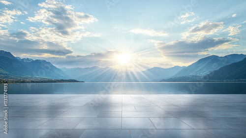 Empty marble floor with a beautiful sky and mountain background