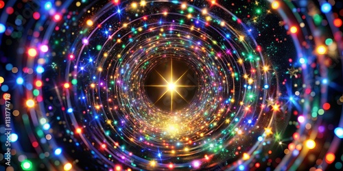 A swirling kaleidoscope of celestial lights, with vibrant orbs creating an ethereal tunnel leading to a radiant central star.