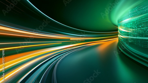 Futuristic digital highway with dynamic light trails and a matrix-like data stream. photo