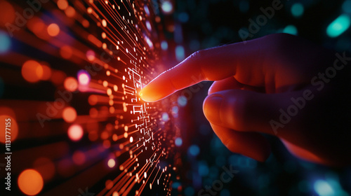 Futuristic touch interface with glowing lights and hand interaction in digital technology.