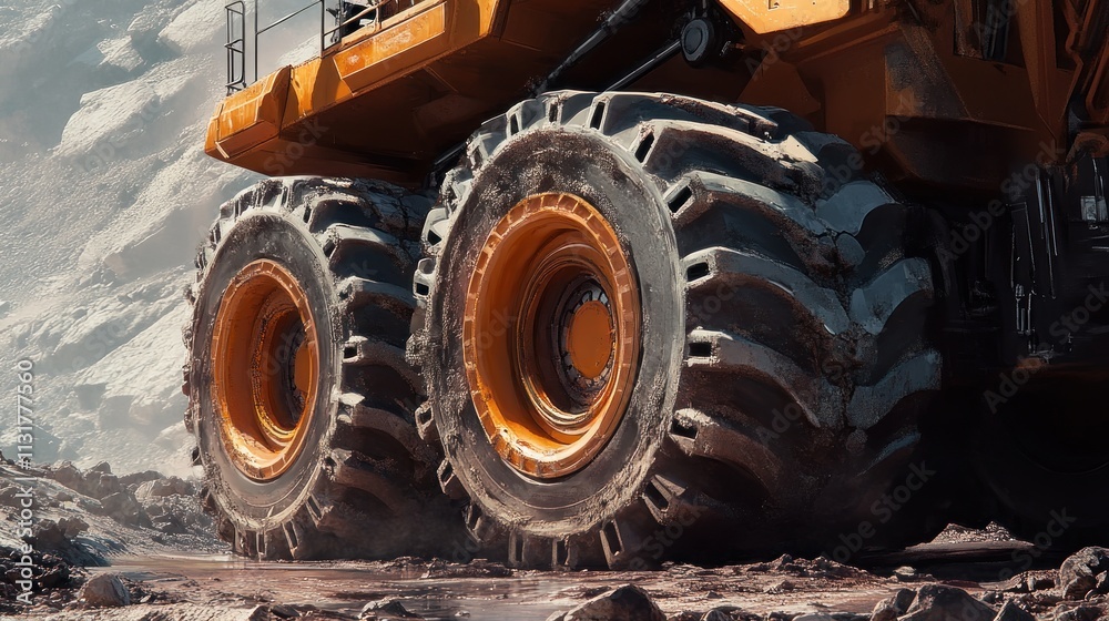 Fototapeta premium Close-up of massive mining truck tires on muddy ground.