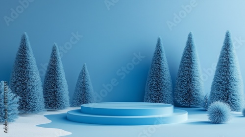 Minimalist Holiday Scene Featuring Blue Podium and Xmas Trees
