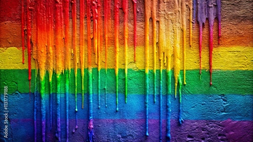 Vibrant Rainbow Stripes Dripping Down a Rough Wall, Creating an Abstract Tapestry of Color and Texture