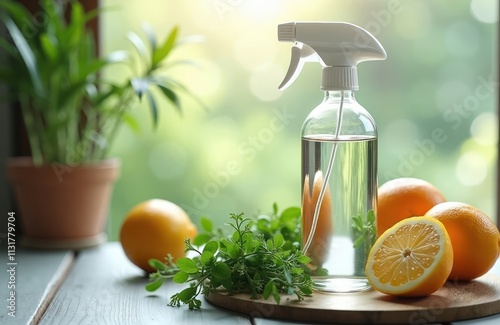 Natural cleaning product in spray bottle. Citrus fruits, herbs arranged near glass spray bottle. Homemade eco friendly cleaner. Fresh ingredients create natural air freshener. DIY cleaning supplies. photo